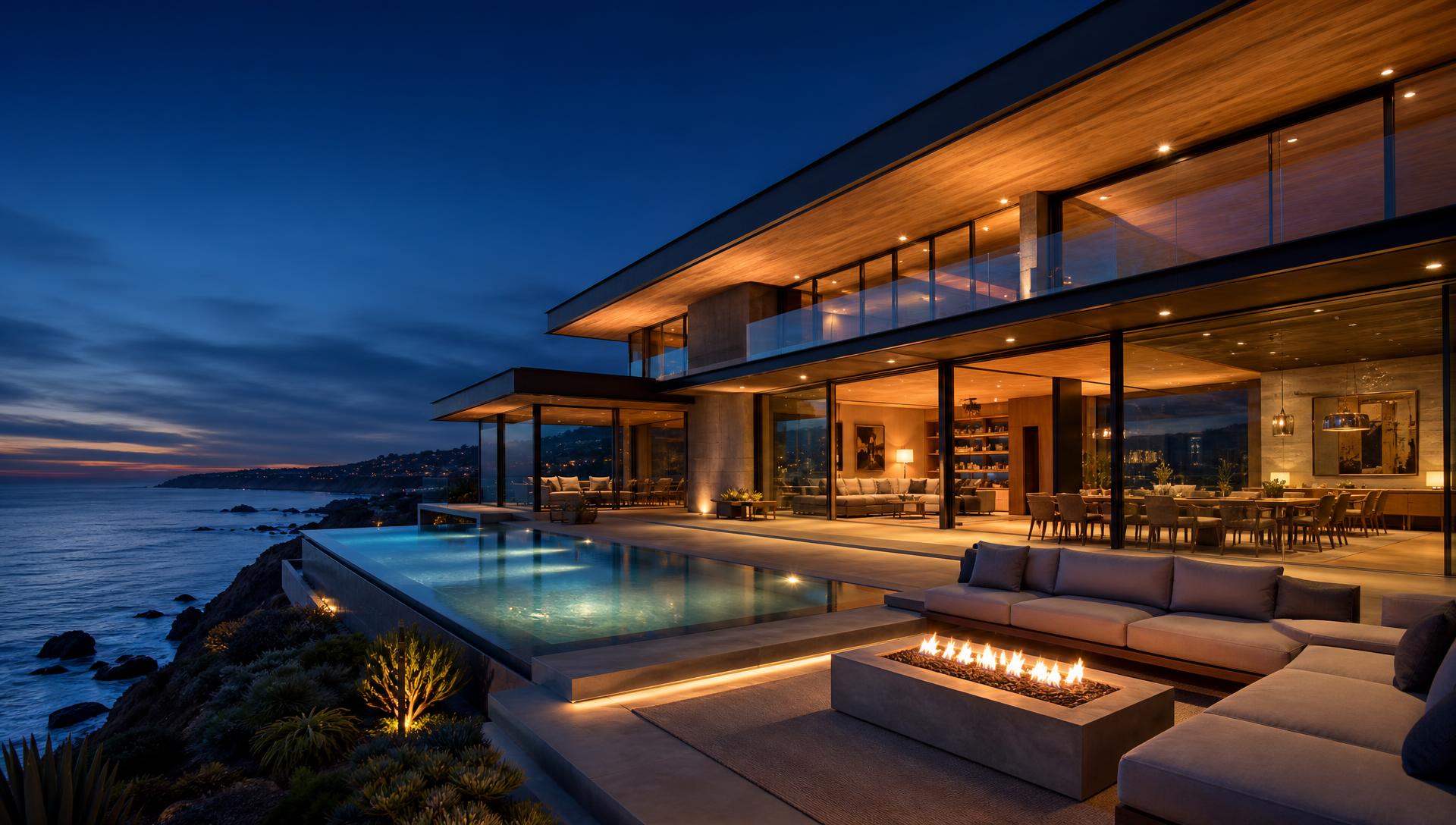 Upscale residential home at dusk with a finished concrete driveway and outdoor living patio